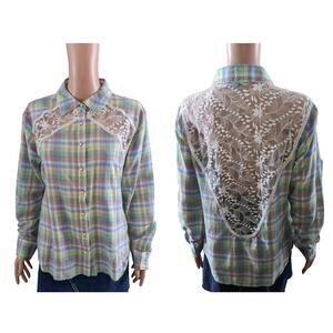 Pink Cattlelac Size L Rockabilly Lace Plaid Western Pearl Snap Shirt Cowgirl